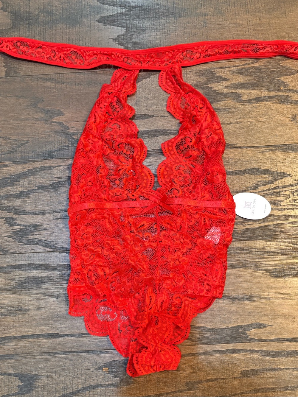 Sexy Red Lace Halter Bodysuit with Scalloped Edges & snap bottom